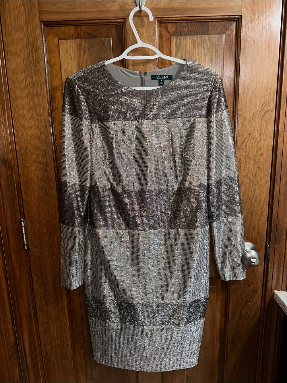 Lauren Ralph Lauren Silver Metallic Striped Long-Sleeve Dress